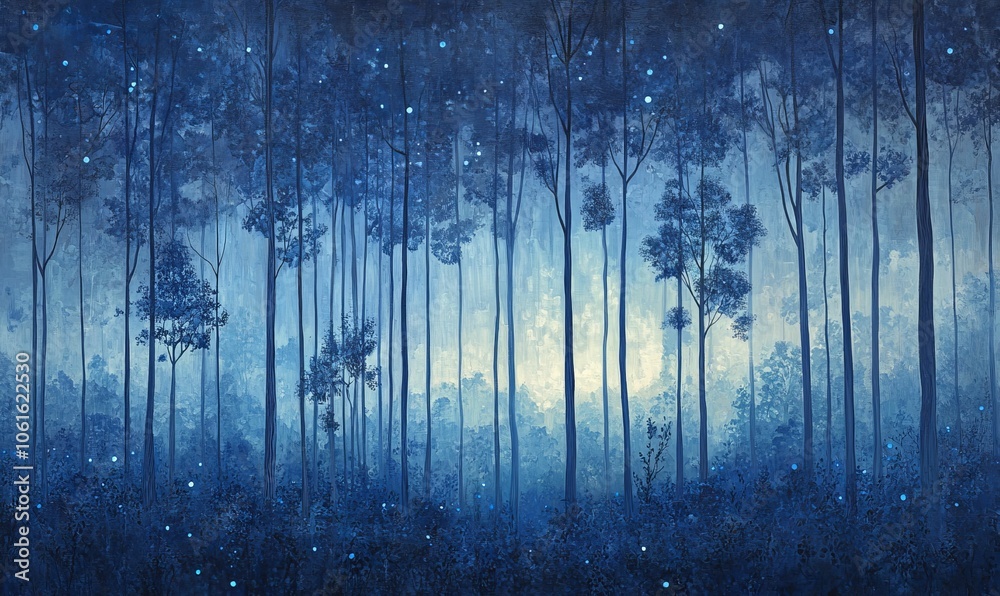 Obraz premium Blue forest with glowing lights.