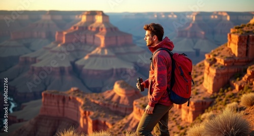 Adventurer near Grand Canyon, USA, in fiery crimson and scarlet tones, nature-inspired camouflage captured in high detail on Hasselblad X1D in 8k. photo