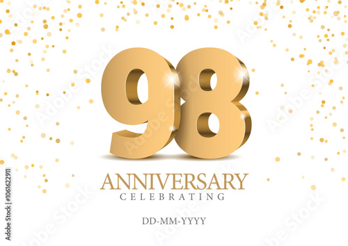 Anniversary 98. gold 3d numbers. Poster template for Celebrating 98 th anniversary event party. Vector illustration