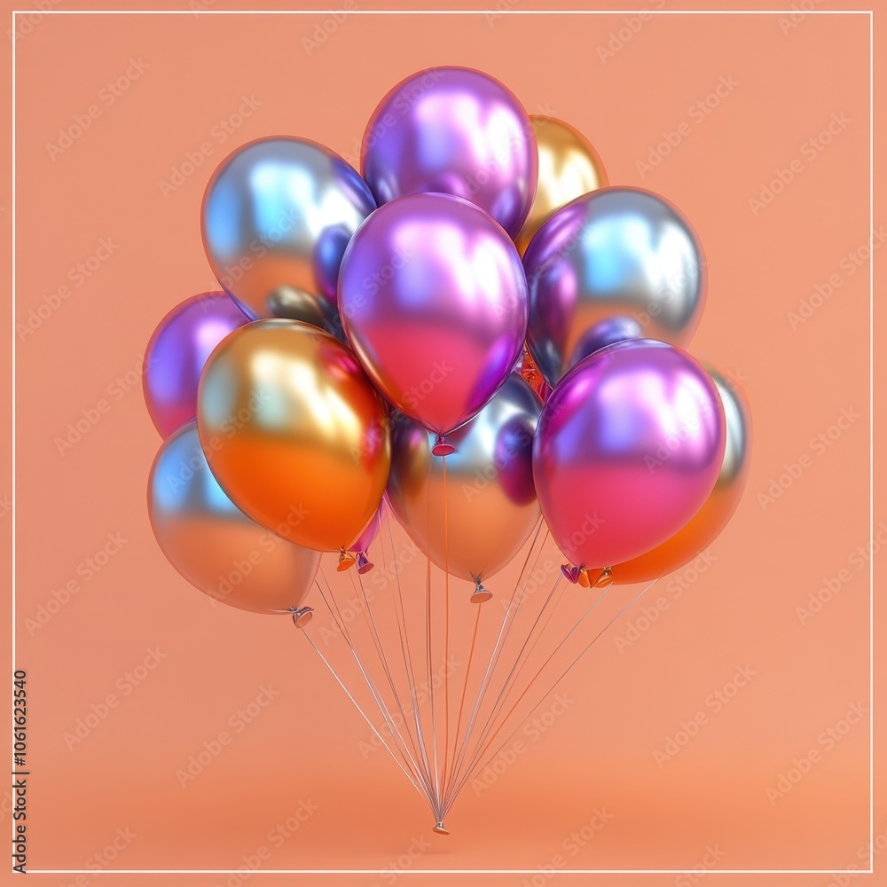 Vibrant Metallic Balloons on a Warm Orange Background Vibrant Metallic Balloons on a Warm Orange Background