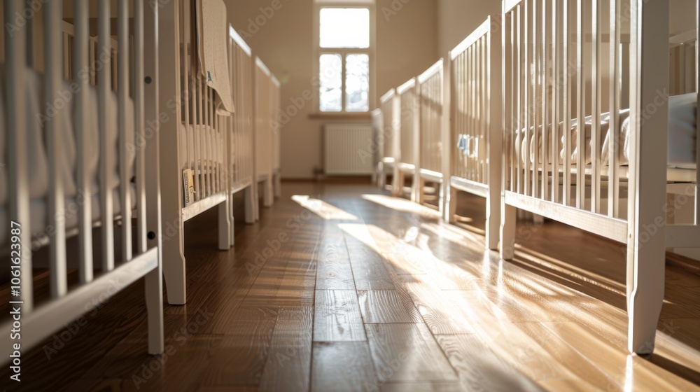 Warm sunlight spills across a quiet nursery, casting gentle shadows between rows of white cribs. Warm sunlight spills across a quiet nursery, casting gentle shadows between rows of white cribs.