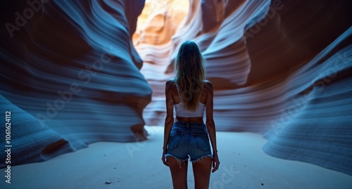 Wanderer sexy model girl hiking in Antelope Canyon, USA, with cool blues and grays, a realistic shot featuring soft edges in 8k resolution with Hasselblad X1D. photo