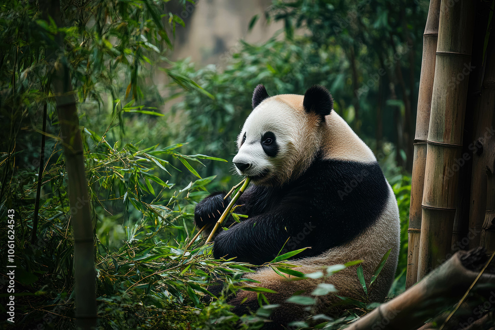 Obraz premium Panda Relaxing in a Clearing of Bamboo Forest Surrounded by Greenery. Panda in Bamboo Forest Setting