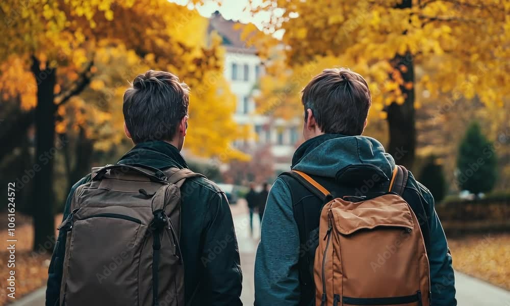 Two Friends Walking on a Path in Autumn Two Friends Walking on a Path in Autumn