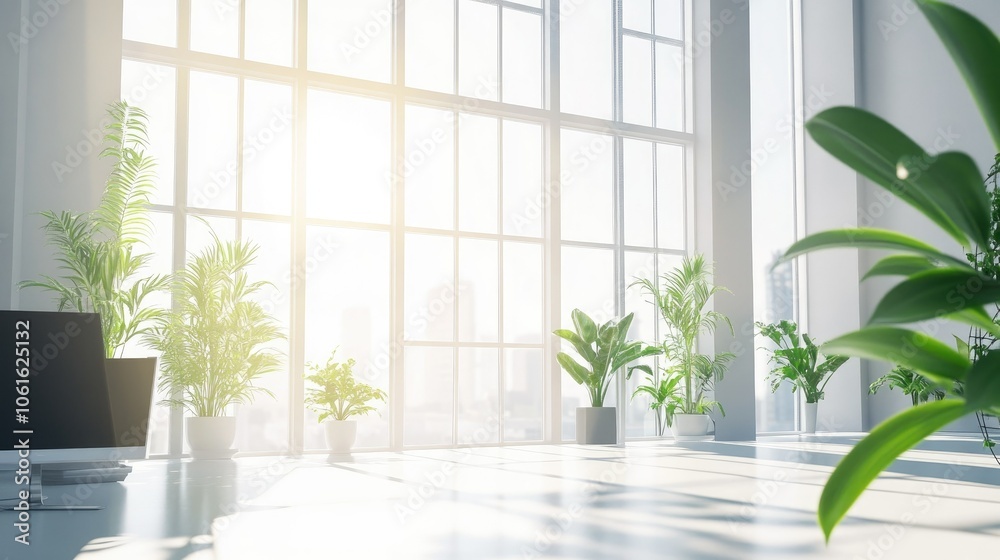A bright modern loft office with large industrial windows, minimal furniture, and green plants adding a touch of nature. Sunlight filters through the windows, casting soft shadows.