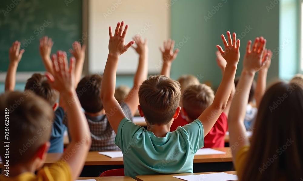 Children are raising their hands in class to answer a question Children are raising their hands in class to answer a question