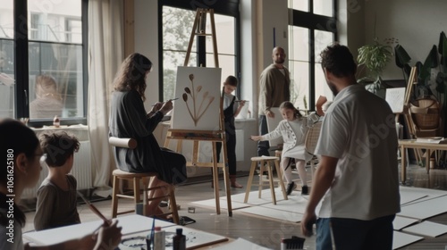 A tranquil art session unfolds in a bright, airy studio; artists of various ages engage in creating together, embodying artistic harmony.