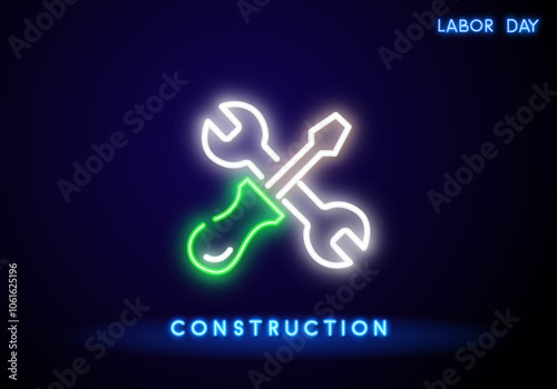 Outline neon repair icon. Glowing neon wrench and hammer sign, service tool pictogram.