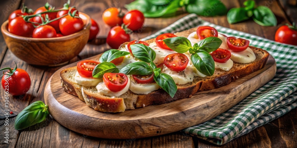 A simple yet delightful appetizer featuring fresh mozzarella, juicy tomatoes, and aromatic basil, all nestled on a slice of crusty bread, creating a perfect harmony of flavors.