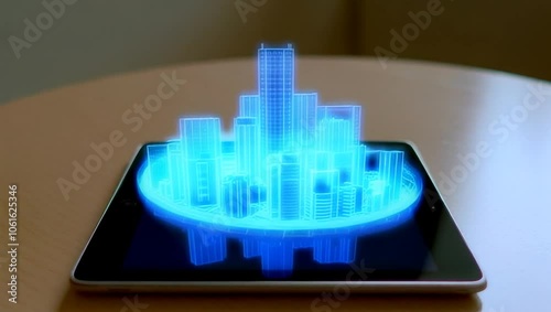 Holographic buildings emerging from a digital tablet.