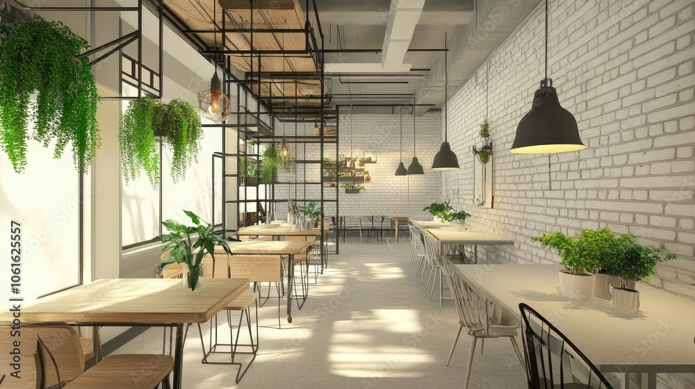 Fototapeta premium Cozy industrial-style loft office with white brick walls, hanging lights, and green plants on the tables. Desks are organized with minimalist decor.