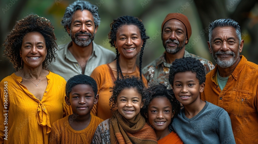A joyful family portrait showcasing diverse individuals in warm clothing outdoors. A joyful family portrait showcasing diverse individuals in warm clothing outdoors.