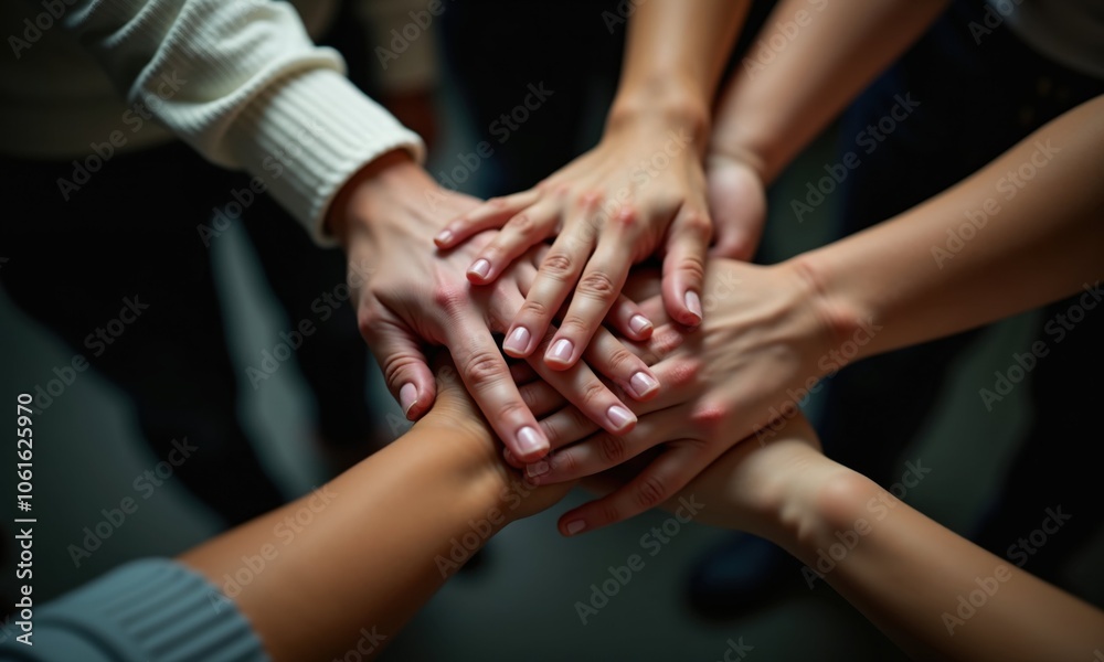 A group of individuals is putting their hands together in a circle A group of individuals is putting their hands together in a circle