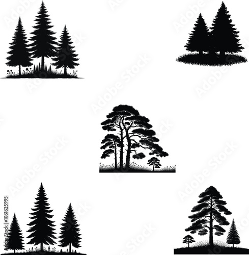 Pine tree silhouette vector white and black color tree set silhouette.