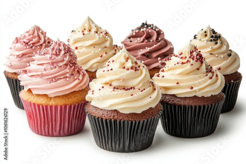 holiday desserts, decorative christmas cupcakes with snowy frosting and edible shimmer, set against a white backdrop