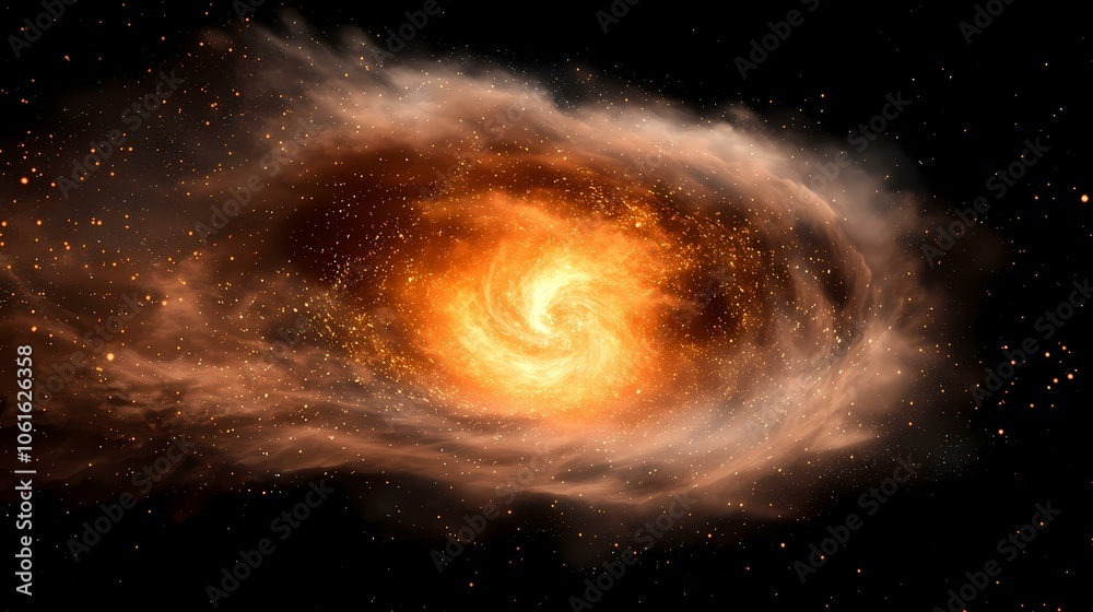 Fototapeta premium A bright, fiery orange spiral in the center of a dark nebula surrounded by faint wisps of orange and white with a sprinkling of stars.