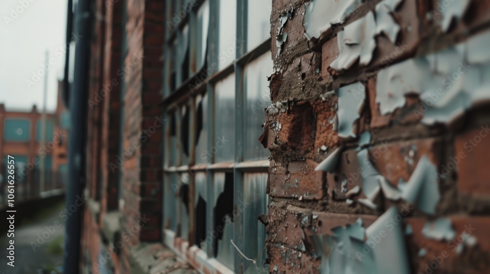 A close-up of weathered bricks with peeling paint reveals the timeless wear and character of an abandoned building in soft focus. A close-up of weathered bricks with peeling paint reveals the timeless wear and character of an abandoned building in soft focus.