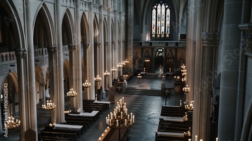 The grand cathedral interior is filled with the soft luminescence of candles, highlighting the elegant arches and ornate carvings in a spiritual ambiance. photo