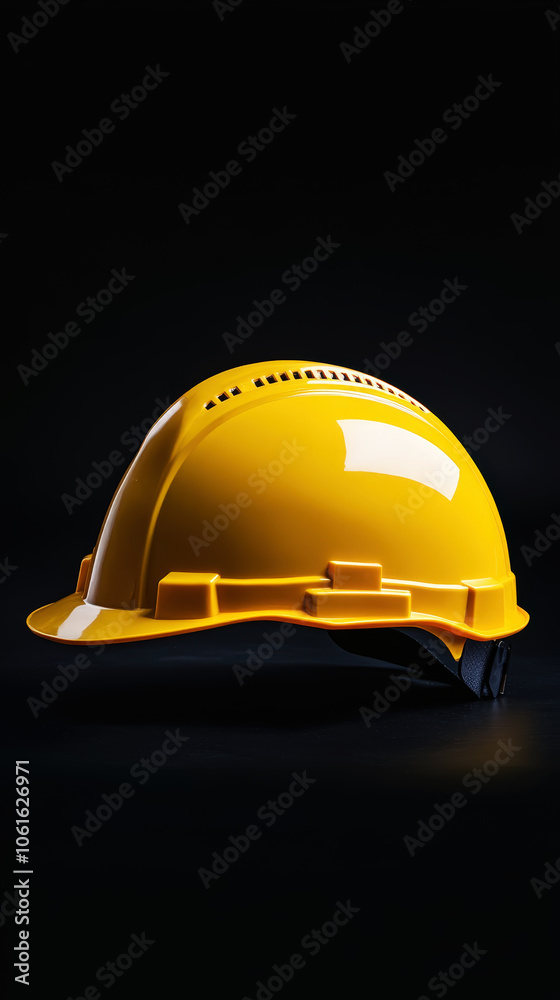 Fototapeta premium Yellow construction helmet. Black background. Copy space. Technical mockup. Generative AI