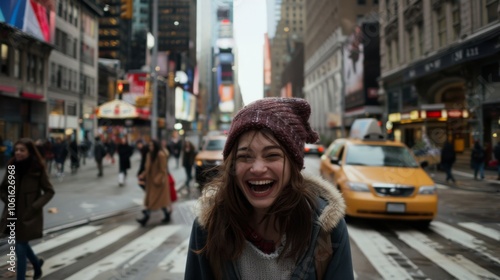 A young woman joyfully stands in the bustling city, wearing a cozy beanie amid the vibrant lights and energy, encapsulating urban joy and excitement.