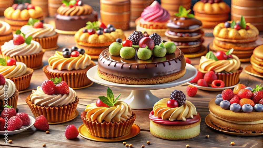 A visually appealing arrangement of assorted pastries and desserts featuring various fruits, chocolate, and creamy toppings, each beautifully crafted with intricate details. A visually appealing arrangement of assorted pastries and desserts featuring various fruits, chocolate, and creamy toppings, each beautifully crafted with intricate details.