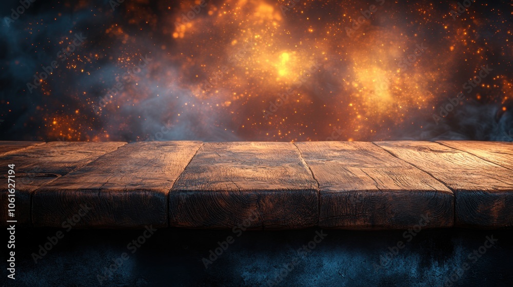 empty brown wooden table centre in the scene with blurred abstract night golden light bokeh background, copy space for display of product or object presentation empty brown wooden table centre in the scene with blurred abstract night golden light bokeh background, copy space for display of product or object presentation