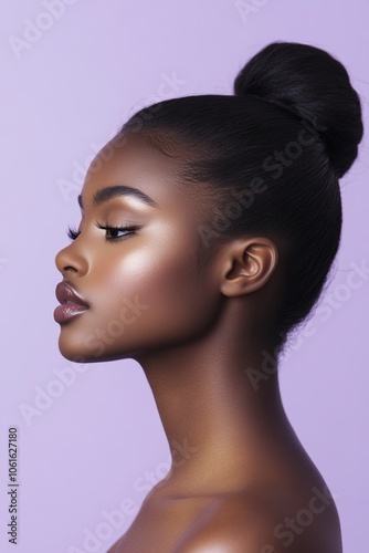 A young, beautiful woman with smooth skin, shoulders, and neck in the center of an isolated light purple background. ,generative ai