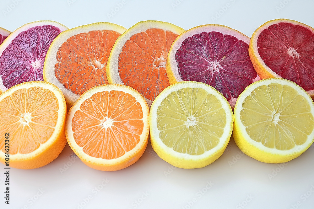 A group of sliced citrus fruits, including oranges and lemons, arranged in a row on a white background. A group of sliced citrus fruits, including oranges and lemons, arranged in a row on a white background.
