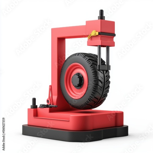 A red machine designed for mounting or dismounting tires, featuring a prominent wheel, suitable for automotive service and repair environments.