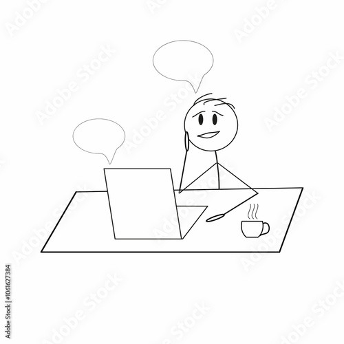 pictogram stick of a man at a desk with a laptop, a cup of coffee, emotions, speech bubbles, online communication