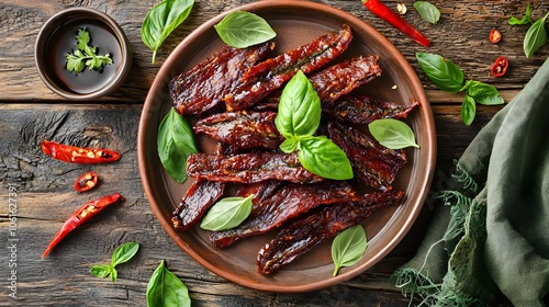 Trei Chien (Fish Jerky) Garnished with Fresh Basil and Chilies (Cambodian Cuisine) photo