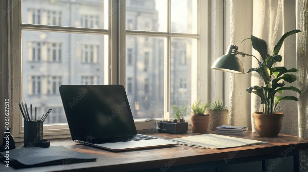 Well-organized desk with a laptop, notepad, and pen, set against a large window. Simple, clean decor makes it a perfect spot for focused work. Well-organized desk with a laptop, notepad, and pen, set against a large window. Simple, clean decor makes it a perfect spot for focused work.
