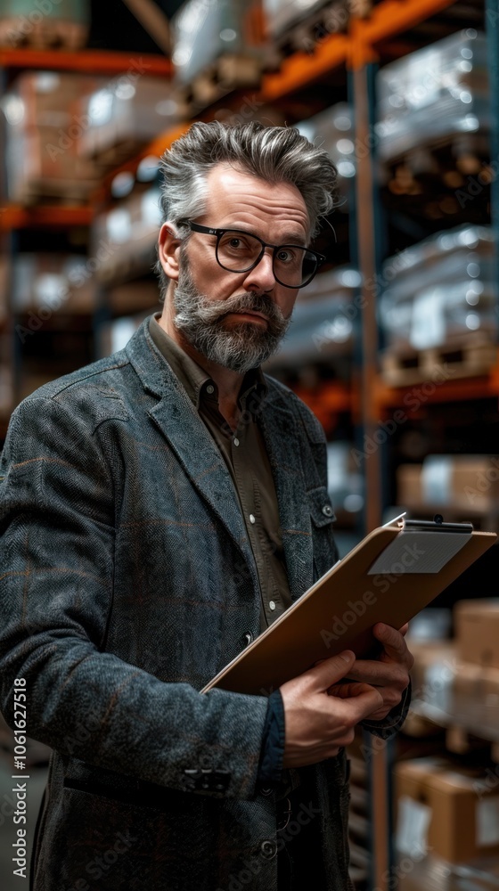 Mature Bearded Businessman in Glasses Reviewing Paperwork and Assessing Inventory in a Warehouse Storage Facility with Shelves of Supplies and Boxes Mature Bearded Businessman in Glasses Reviewing Paperwork and Assessing Inventory in a Warehouse Storage Facility with Shelves of Supplies and Boxes