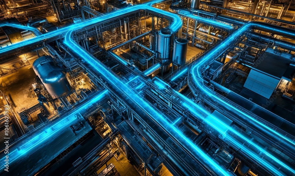 Blue lights illuminate industrial network. Blue lights illuminate industrial network.