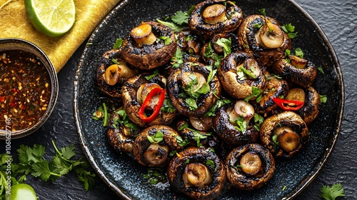 Cambodian Pset Ang Grilled Mushrooms with Fresh Cilantro and Lime (Cambodian Cuisine) photo