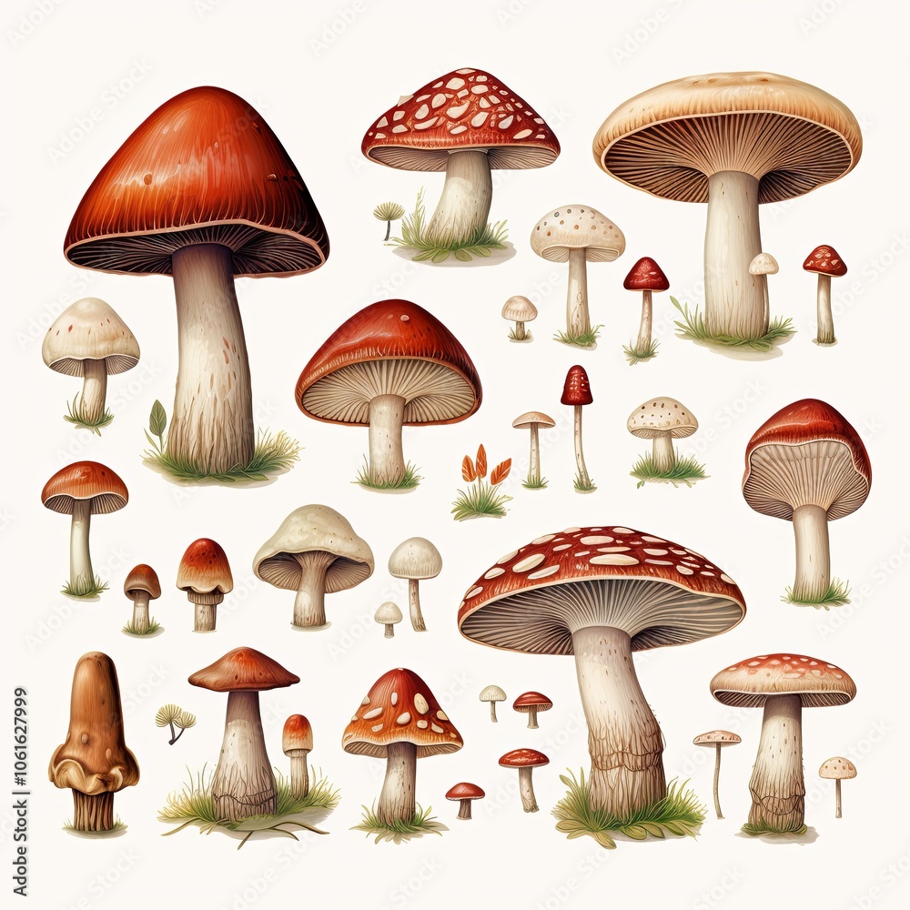 Collection of Red Mushrooms with White Spots Collection of Red Mushrooms with White Spots