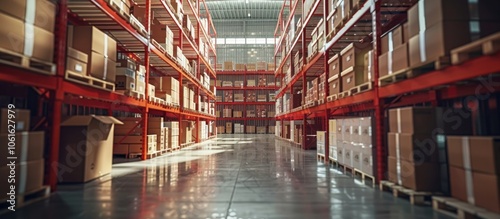 Vast and organized warehouse interior with towering metal shelving racks running in neat rows creating an empty cavernous space ready for storage and distribution of goods products and merchandise