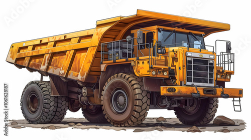 A yellow dump truck with a large bed sits on a dirt road, partially obscured by rocks. The truck has a black grille and large tires.