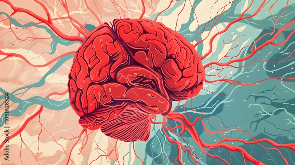 Detailed of a Bright Red Human Brain with Interconnected Neural Networks