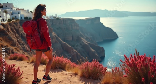 Hiker sexy model girl at Santorini, Greece, amidst gravity-defying landscapes in fiery crimson and scarlet tones, captured beautifully in 8k with Hasselblad X1D. photo