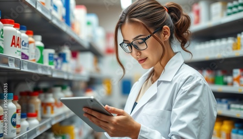 A female pharmacist is attentively examining a tablet in a pharmacy