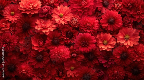 Natural fresh red chrysanthemums flowers pattern wallpaper. top view, red chrysanthemums flowers wall background