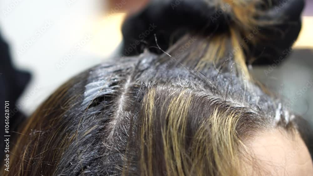Beauty salon. Professional stylist combs client hair after applying paint with brush. hair coloring in hairdressing salon. Close-up of hairdresser in beauty salon. Beauty salon. Professional stylist combs client hair after applying paint with brush. hair coloring in hairdressing salon. Close-up of hairdresser in beauty salon.