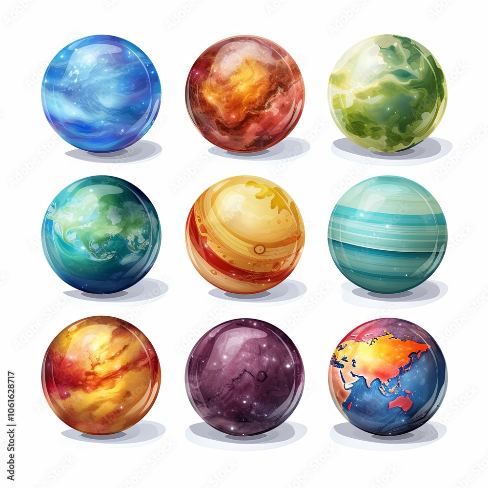 Set of nine planets with various textures on white background. Digital illustration. Set of nine planets with various textures on white background. Digital illustration.