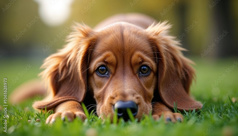 A brown dog lays in green grass, looking at the camera A brown dog lays in green grass, looking at the camera