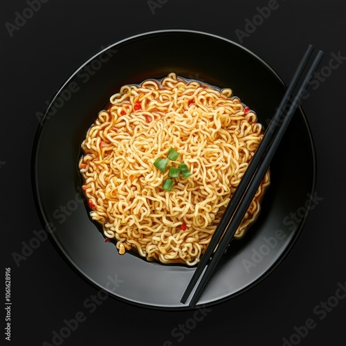 plate with japanese ramen in black plate isolated on black background, clear contours and boundaries, contrast, standalone full objeckt photo