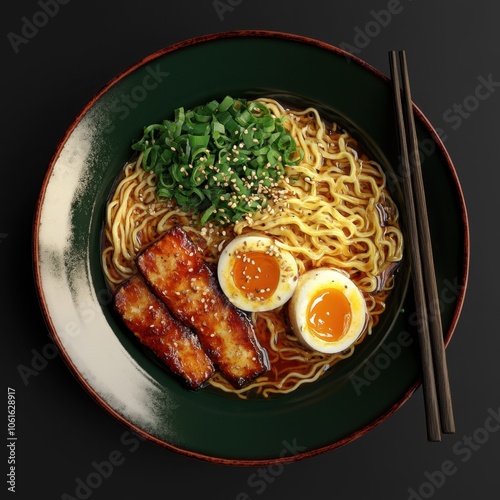 plate with japanese ramen in green plate isolated on black background, clear contours and boundaries, contrast, standalone full objeckt photo