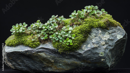 close up of moss covered rock featuring vibrant green plants and textures, showcasing nature beauty and intricate details photo