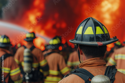 A crowd of firefighters battling a blaze, Brave firefighters battling a fierce blaze, demonstrating courage and teamwork in emergency response situations.