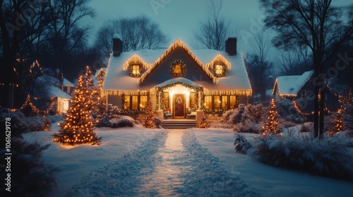 Snow-Covered House Decorated with Colorful Holiday Lights and Garlands on a Cozy Winter Night